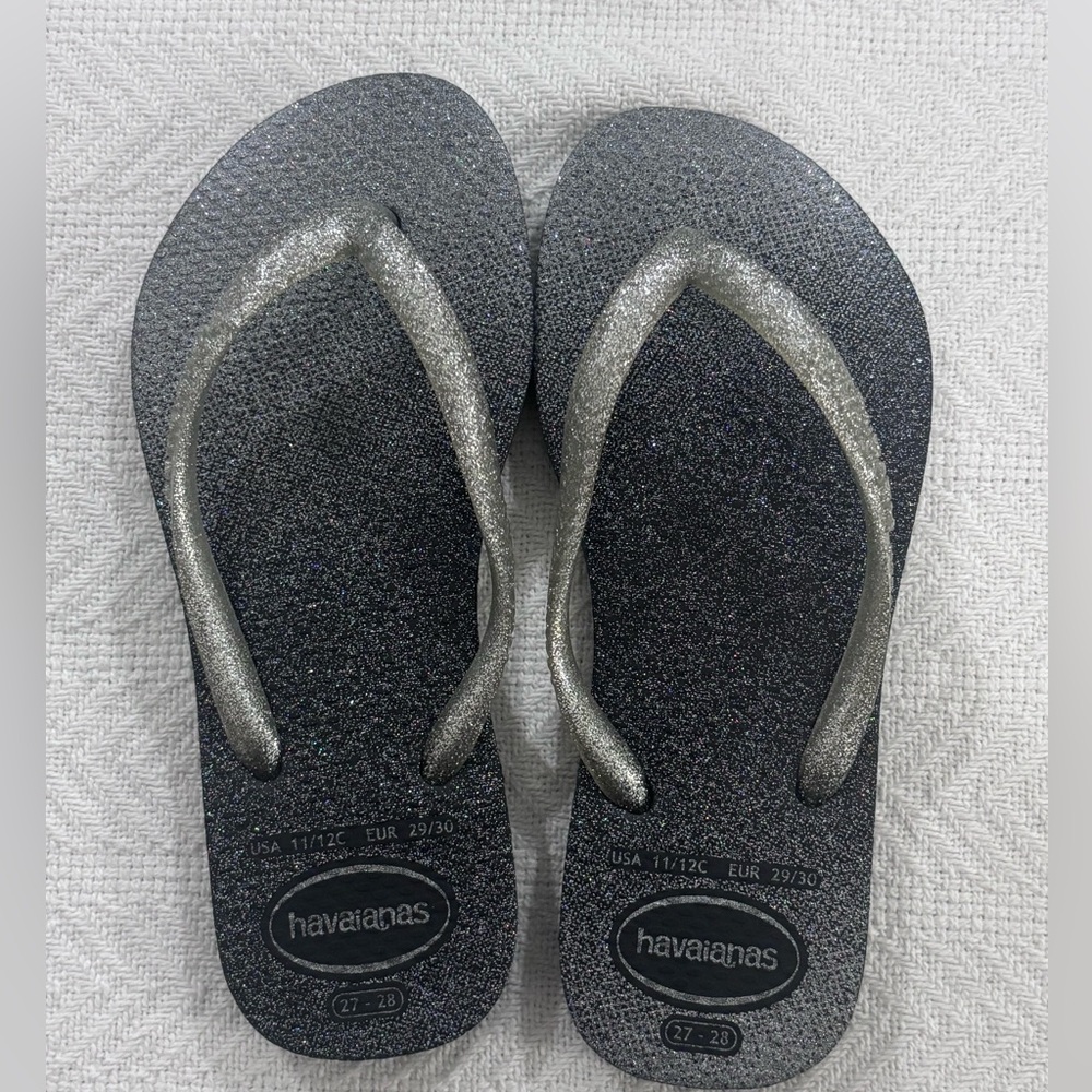 💜Havaianas Kids Glitter Black Silver Flip Flops